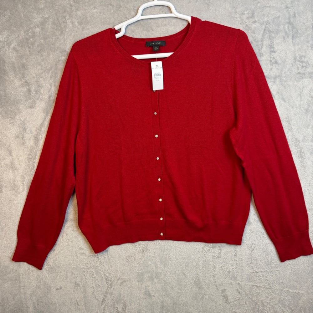 Ann Taylor Cardigan Womens XXL Red Jeweled Button Christmas Sweater 598127 NEW